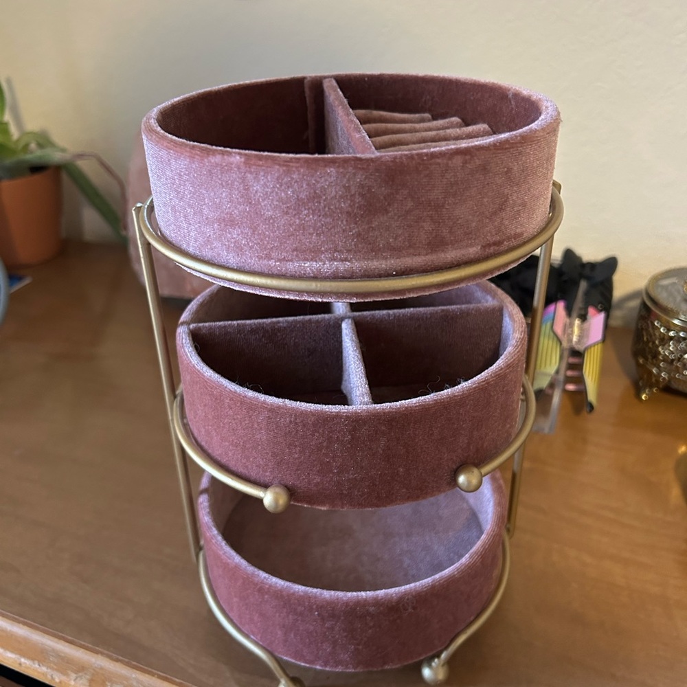 Reddish purple velvet jewelry storage tower